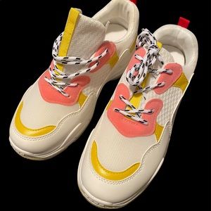 White, pink, and yellow shoes